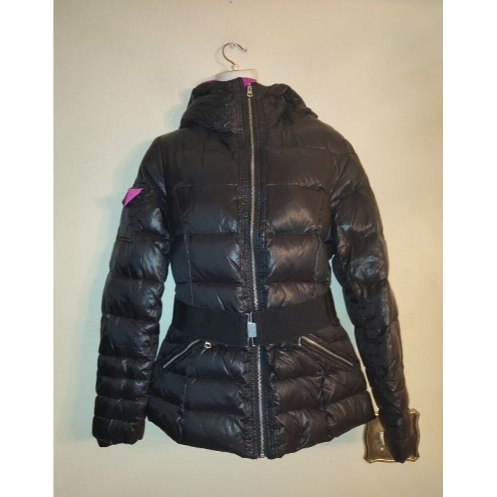 Women's Snowimage Black Puffer Duck Down Feather Hooded Belted Coat Size L